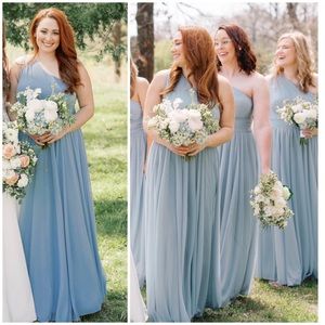 Dusty Light Blue Asymmetrical Bridesmaids Dress Long Maxi